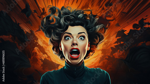 "Scream of the Inferno"
An electrifying portrait of a woman screaming, her expression frozen in terror, set against a chaotic inferno, capturing a moment of intense emotion and fear.