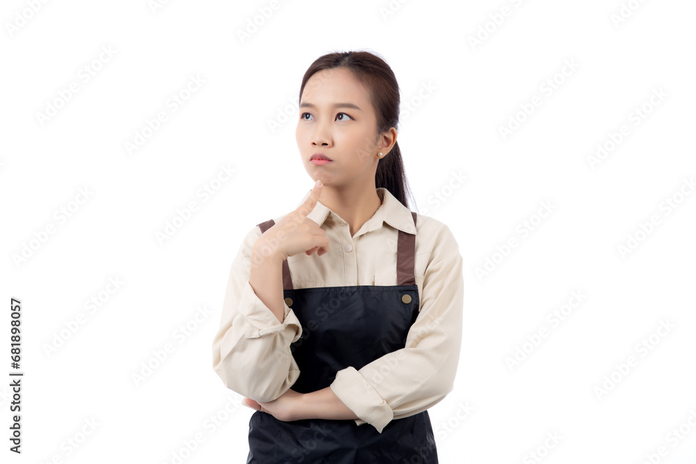 Portrait of young asian barista woman wearing apron gesture doubt and thinking idea isolated white background, waitress or entrepreneur thought and curious, small business or startup, waiter of cafe. Portrait of young asian barista woman wearing apron gesture doubt and thinking idea isolated white background, waitress or entrepreneur thought and curious, small business or startup, waiter of cafe.