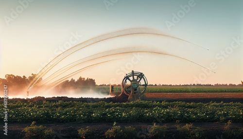 Field irrigated pivot sprinkler system sunny day Plant irrigation technology Agriculture development concept plantation water agricultural automatic countryside crop cultivated environment photo