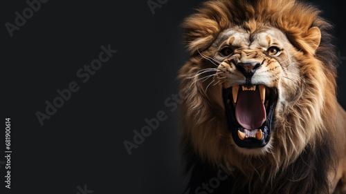 Angry lion roaring with open mouth isolated on gray background © pariketan