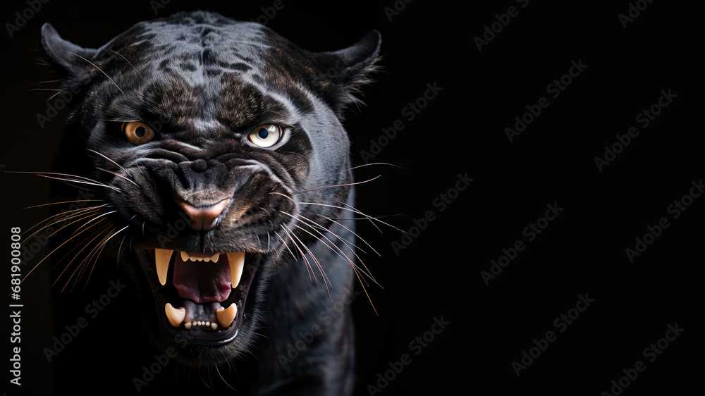 Angry panther roaring ready to attack isolated on gray background