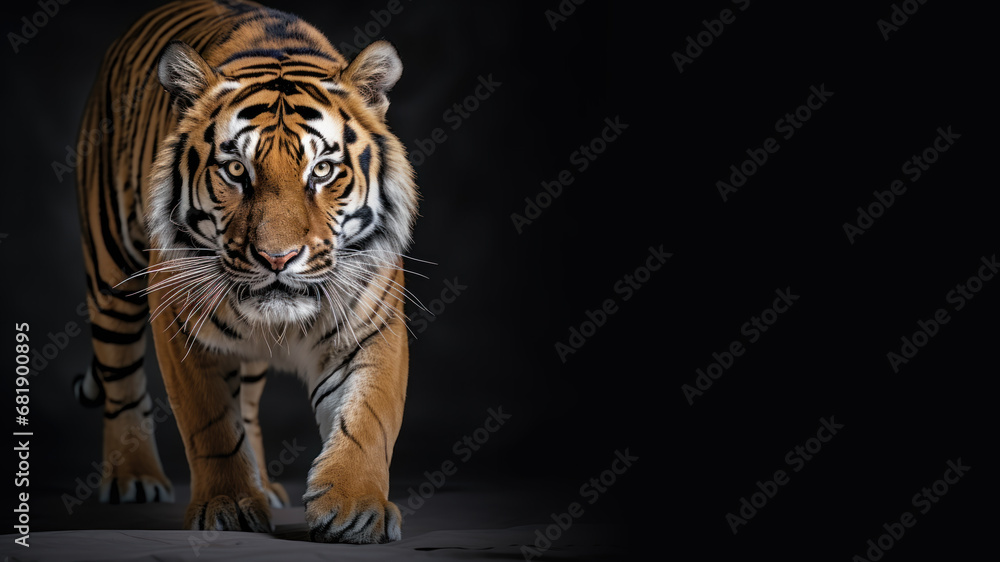 Obraz premium A tiger looks sharply focused at a target isolated on gray background