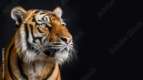 A tiger looks sharply focused at a target isolated on gray background