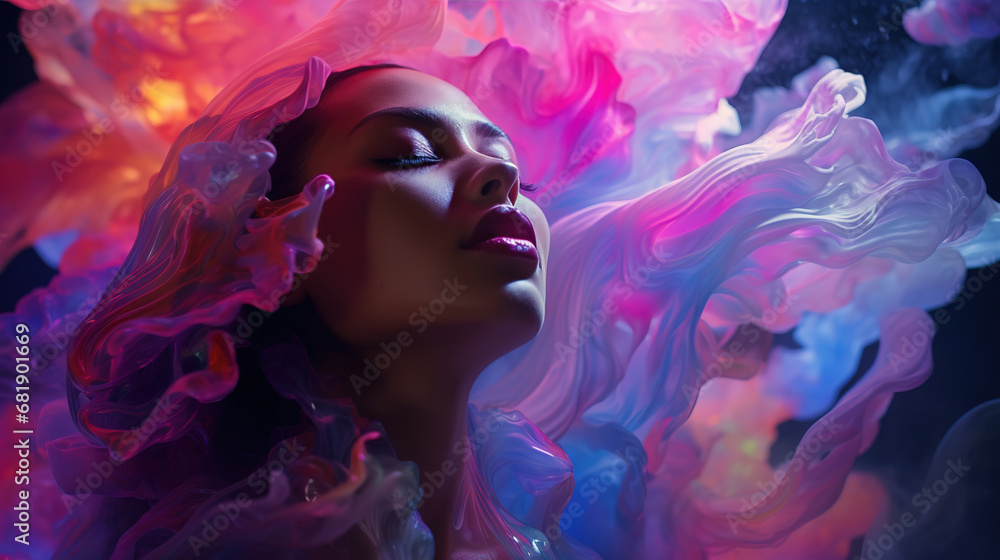 Dreamlike Woman Surrounded by Colorful, Glowing Smoke and Fluid, Immersed in the Harmonious World of Music and Art
