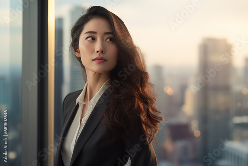 Young Asian businesswoman at the pinnacle of urban success, gazing out over the city skyline bathed in the golden light of sunrise
