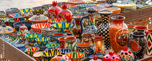 Panorama of Plates and pots on a street market in Bukhara, Uzbekistan