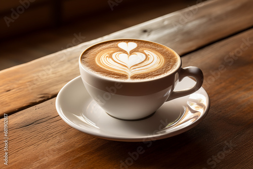 White cup of hot coffee on a saucer on rustic wooden table