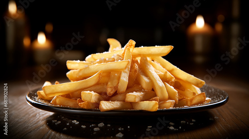 Golden French fries, perfectly fried to a crispy texture and artfully arranged on a ceramic plate. photo