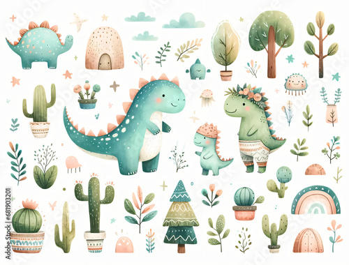 Watercolor cute Dino set with trees, plants, and other elements on a white background.