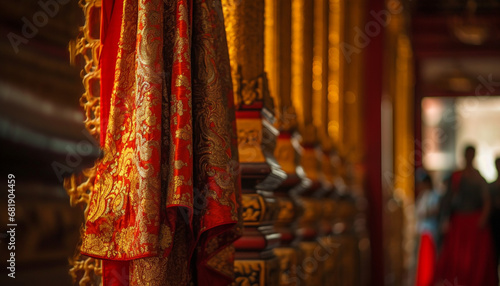 Ancient pagoda in Beijing adorned with elegant silk hanging curtains generated by AI