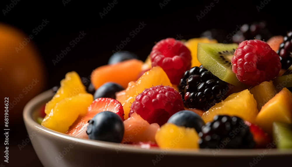 Colorful fruit salad with fresh berries, melon, and kiwi slices generated by AI Colorful fruit salad with fresh berries, melon, and kiwi slices generated by AI
