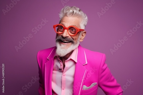 Portrait of a cheerful senior man in a pink suit and glasses.