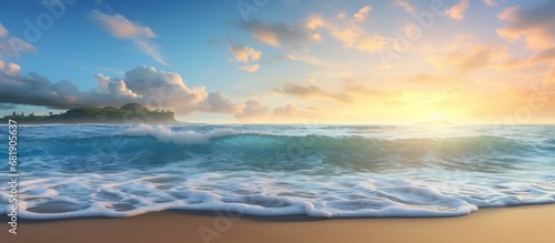 In the early morning light, as the sun rises over the vast blue sea, a scene of big waves crashing against the beach unfolds, with stones scattered in the sand creating a picturesque landscape.