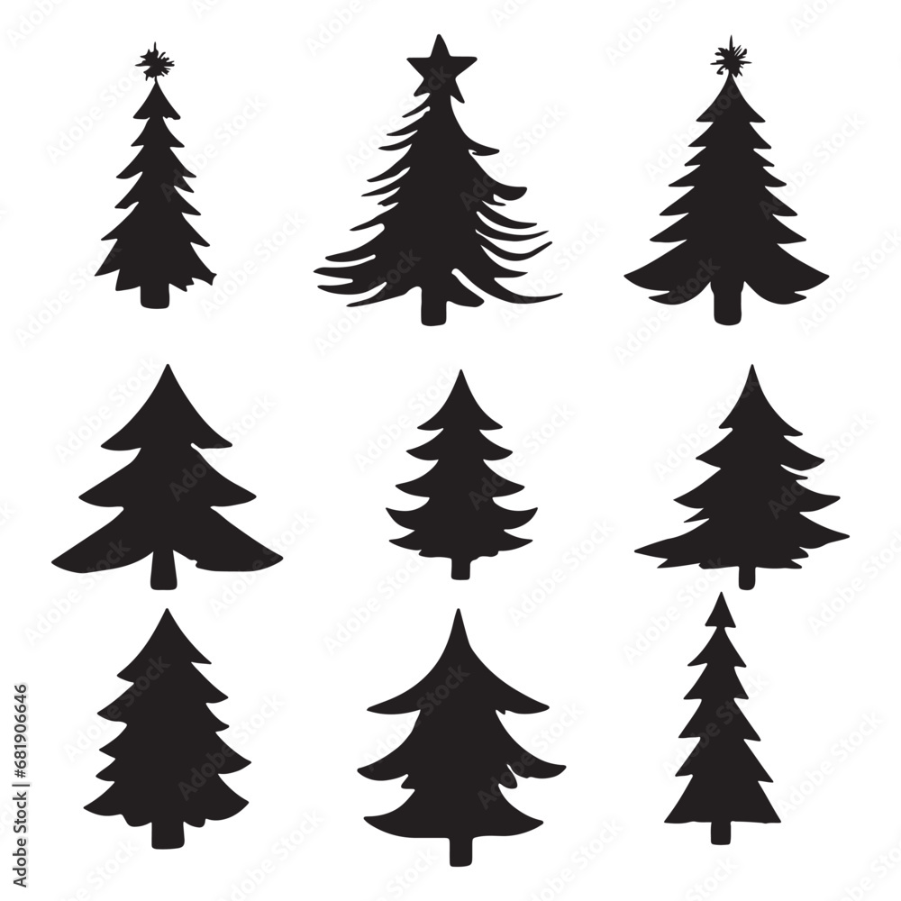 Isolated Pine on the white background. Pine silhouettes. Christmas elements. Vector illustration. 