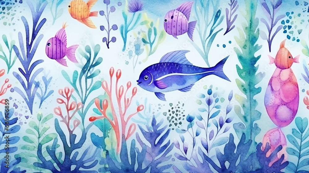 Obraz premium colorful underwater world seamless pattern watercolor background