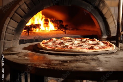 A hot and fresh pizza sits on a table in front of a brick oven. The pizza is covered in melted cheese and toppings, and the crust is golden brown and crispy.