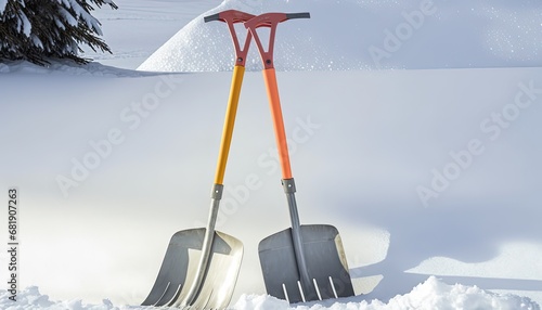 Two snowshovels shovel work garden equipment winter snow shoveling spade yellow weather snowfall cold caretaker 2 removal white tool jan vertical cleanup plastic gardening season small big photo