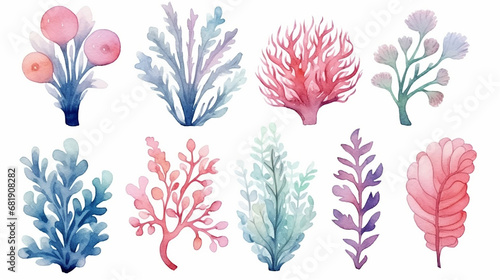 watercolor isolated object drawing blue and pink algae and corals on a white background