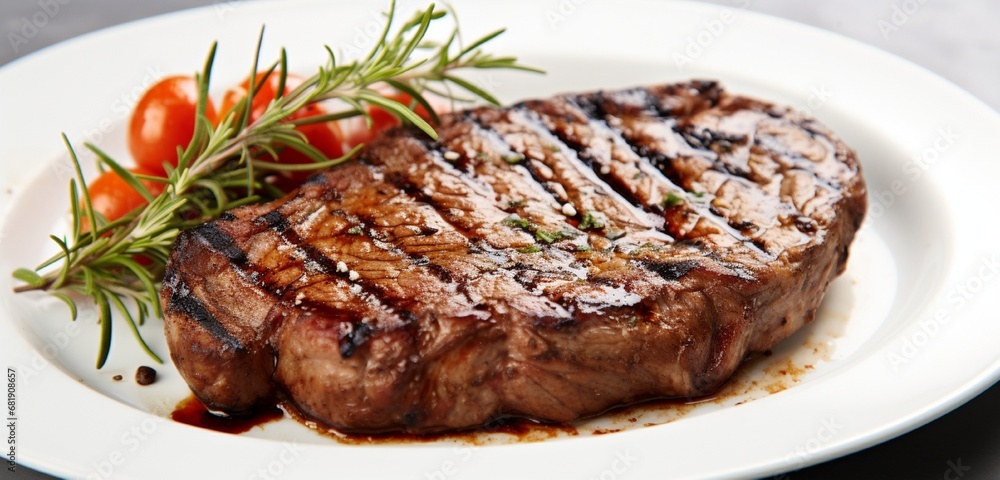A perfectly grilled steak with grill marks, glistening with juices, on a clean white plate.