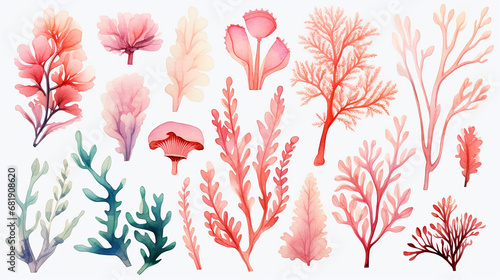 watercolor isolated object drawing blue and pink algae and corals on a white background