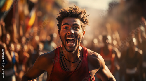 Man shouting and excited for winning runners race. Concept of Victory Euphoria, Winning Celebration, Triumphant Cheer, Excited Race Winner, Joyful Finish.