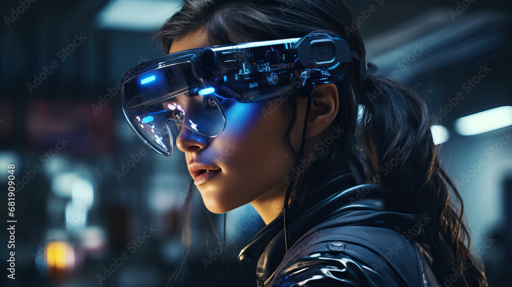 VR headset girl working in workshop. Concept of Immersive Technology, Workshop Innovation, Virtual Reality Experience, Technological Workshop. VR headset girl working in workshop. Concept of Immersive Technology, Workshop Innovation, Virtual Reality Experience, Technological Workshop.