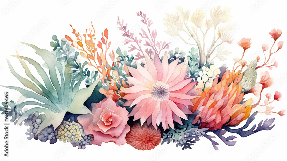watercolor underwater floral bouquet with corals illustration isolated on white background, - obrazy, fototapety, plakaty 