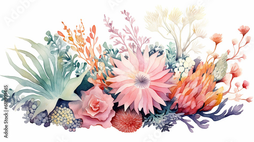 watercolor underwater floral bouquet with corals illustration isolated on white background, photo
