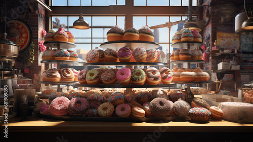 Stacked pastries and colorful donuts in bakery shop. Concept of Bakery delights, assorted pastries, vibrant and tempting donuts, delectable treats, bakery showcase.