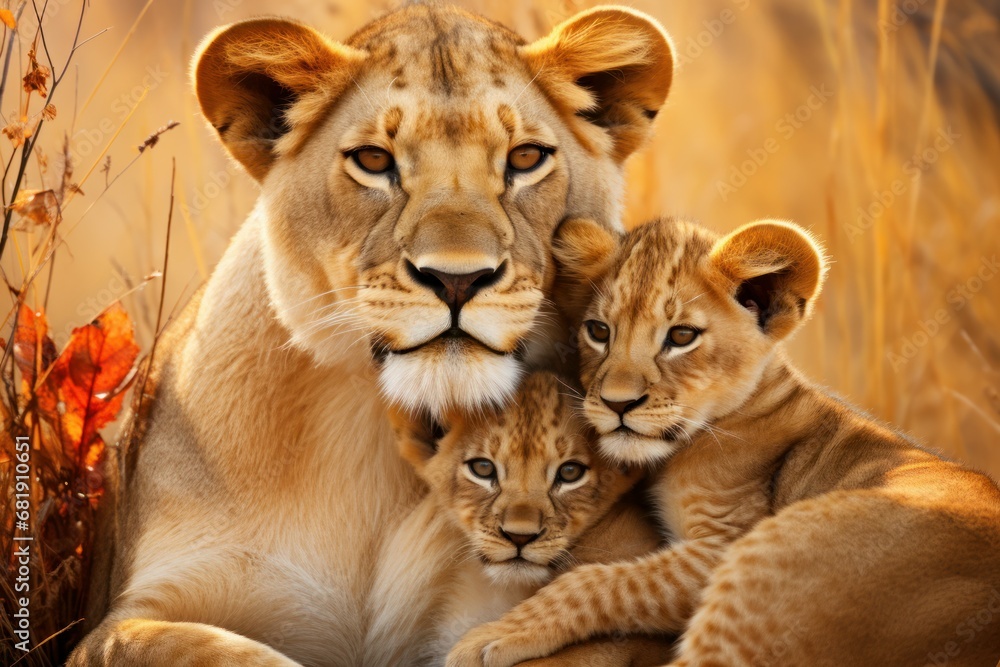 Obraz premium Lioness her cubs sunset. Baby cat. Generate Ai