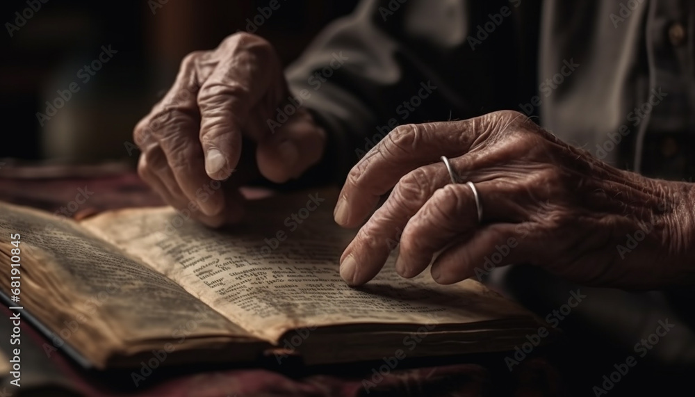 Senior adult reading Bible, holding God wisdom close up indoors generated by AI