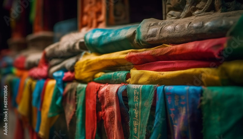 Vibrant textiles in a row, showcasing cultures and industry generated by AI photo