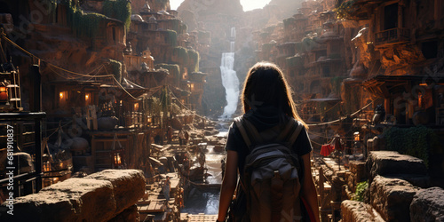 Solo traveler girl finding new city in alcove.  Concept of Exploration off the beaten path, hidden gems, urban discovery, solo wanderlust.