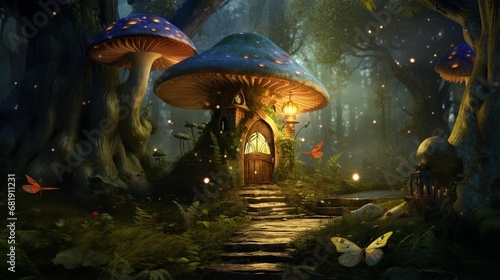 Enchanted fairy forest with magical shining window in hollow tree, large mushroom with bird and flying magic butterfly leaving path with luminous sparkles