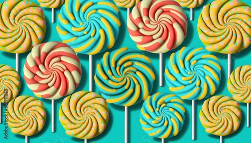 Symmetrical lollipop candies arrangement turquoise background colorful sweet food texture candy pattern yellow spiral swirly confection confectionery snack stick delicious junk tasty sugar