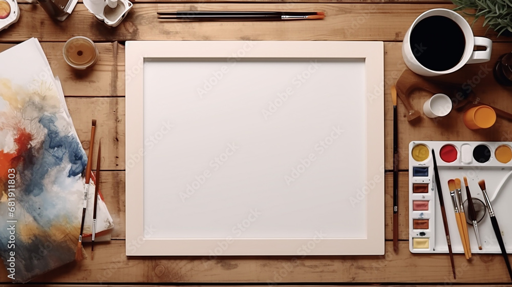 top view of professional artist workplace with blank paper - obrazy, fototapety, plakaty 