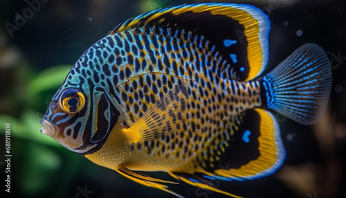 Vibrant striped rabbit fish swims in multi colored coral reef generated by AI