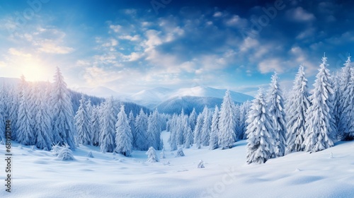 Fabulous winter panorama of mountain forest with snow covered fir trees Colorful outdoor scene, Happy New Year celebration concept Beauty of nature concept background