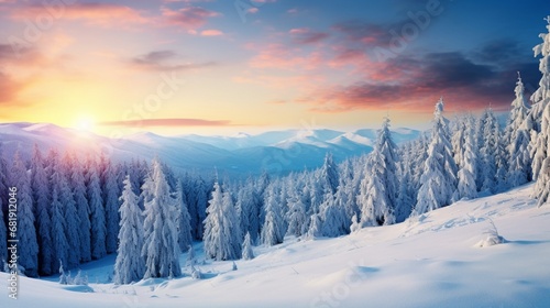 Fabulous winter panorama of mountain forest with snow covered fir trees Colorful outdoor scene, Happy New Year celebration concept Beauty of nature concept background © Muhammad