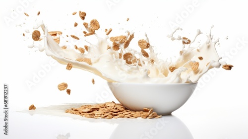 Falling crunchy muesli, bowl of oat granola with milk splashing isolated on white background