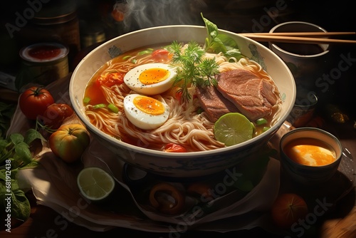 Close-up of a steaming bowl of ramen noodles with pork belly, eggs, and vegetables