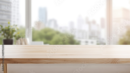 white wood top table over office blurred background © pjdesign