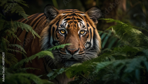 Majestic Bengal tiger staring, hiding in dark wilderness area generated by AI