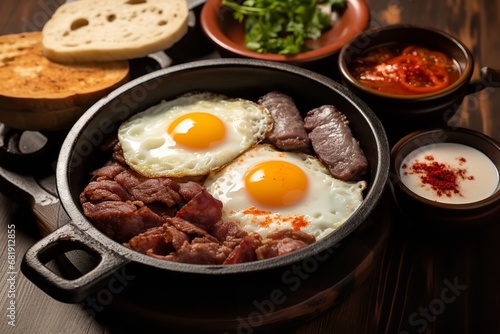 A delicious and hearty breakfast of eggs, bacon, sausage, and toast is served in a pan on a wooden table. The eggs are cooked to perfection