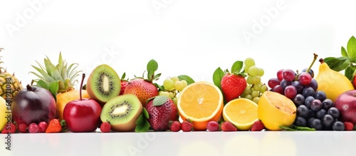 On a white background, a vibrant and tropical image of nature emerges, showcasing an array of healthy and organic fruit, rich in color, nutrition, and vitamin content, ready to delight the taste buds