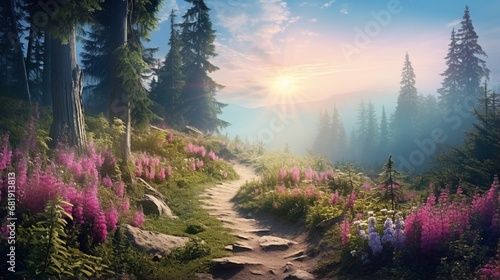 Fantasy fabulous wide panoramic photo background with autumnal pine tree forest, summer rose and bluebell campanula flower bush, flying blue butterfly and mysterious foggy trail road with copy space photo