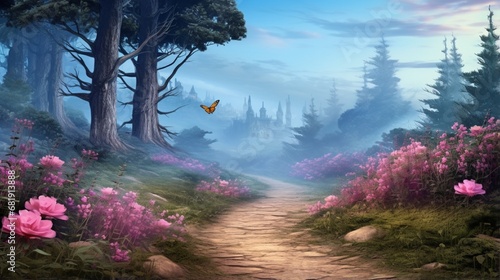 Fantasy fabulous wide panoramic photo background with autumnal pine tree forest  summer rose and bluebell campanula flower bush  flying blue butterfly and mysterious foggy trail road with copy space