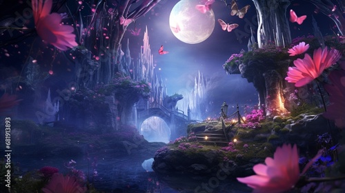 Fantasy Magical Enchanted Fairy Tale Dreamy Elf Forest with Fabulous Fairytale Blooming pink Rose Flower Garden and Butterflies on Mysterious Background, Shiny Glowing Stars and Moon Rays in Night © Muhammad