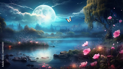Fantasy magical enchanted fairy tale landscape with forest lake, fabulous fairytale blooming pink rose flower garden and two butterflies on mysterious blue background and glowing moon ray in night photo