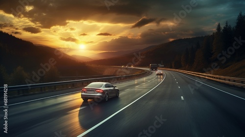 Fast car headlights on European highways Cargo transportation theme on the highway at sunset View of traffic and highway running through the mountains car lights on the highway in the mountain